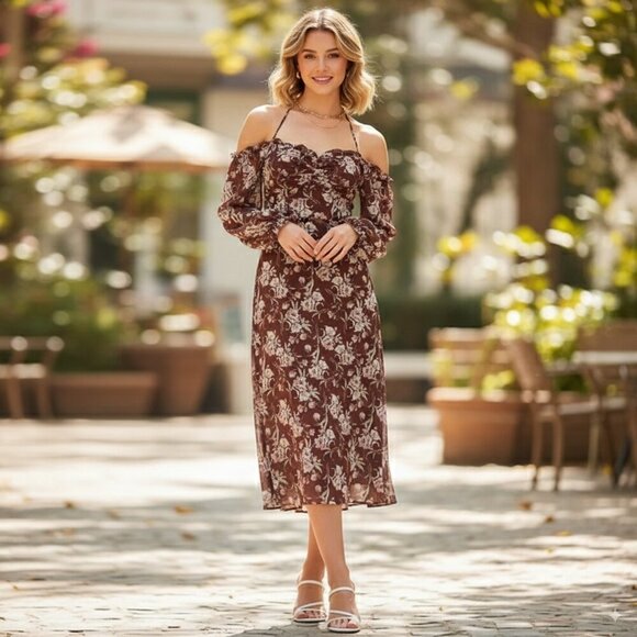 ASTR Off Shoulder Cinhced Bust Midi Dress in Brown Mauve Floral Size Small NWT - Picture 1 of 7